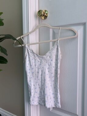 Hollister White Cami with Light Blue Floral Print and Lace Trim